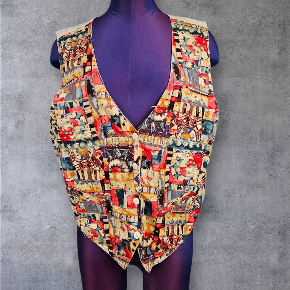 Vintage 80s AJ Celestial Patchwork Colorful Sequin Vest Size Medium Women's B113 - Picture 1 of 9